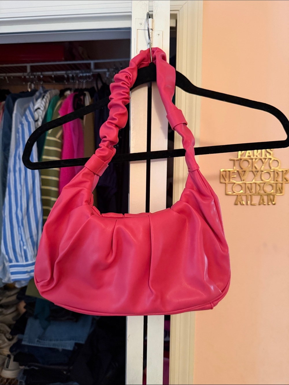 Ruched Pink Shoulder Bag with Gathered Strap